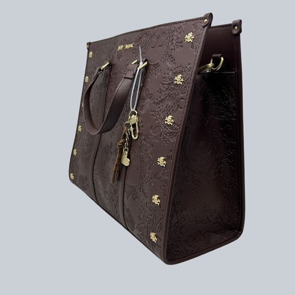 Betsey Johnson Brown Embossed Skull Tote Bag Gold Accents & Detachable Strap - Picture 3 of 12